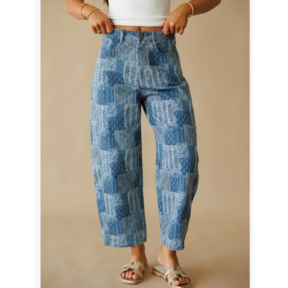 Miou Muse Blue Patchwork High Waisted Barrel Jeans Size Small